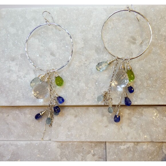 Kyanite Rock Quartz Peridot  Aquamarine-Sterling Silver Earrings  "New Rain" - Picture 7 of 7